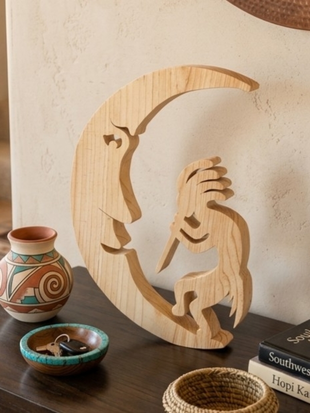 Wood Crescent Moon Face & Kokopelli Figurine Carved Free Standing 7in x 5in